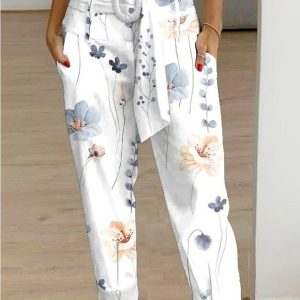 Women’s Pants Trousers White Yellow Gray Casual Holiday Weekend Side Pockets Print Micro-elastic Full Length Comfort Floral S M L XL 2XL