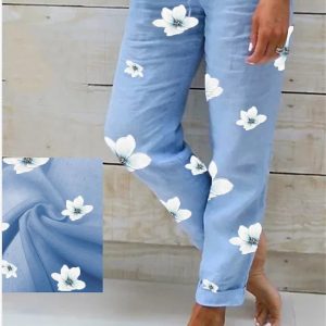 Women’s Pants Trousers Faux Linen Blue Fashion Holiday Weekend Side Pockets Full Length Comfort Floral S M L XL XXL