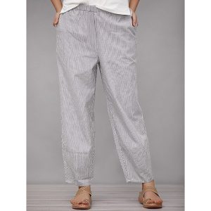 Women’s Wide Leg Pants Trousers Faux Linen Black Fashion Basic Office Daily Vacation Side Pockets Print Full Length Comfort Striped S M L XL XXL