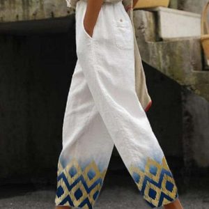 Women’s Pants Trousers Faux Linen Golden Blue Fashion Casual Weekend Side Pockets Full Length Comfort Geometric S M L XL XXL