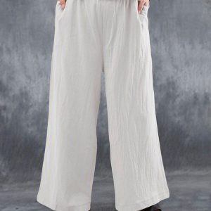 Women’s Wide Leg Pants Trousers Faux Linen White Pink Blue Fashion Casual Weekend Side Pockets Wide Leg Full Length Comfort Plain S M L XL 2XL