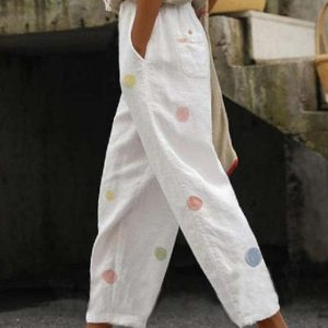 Women’s Pants Trousers Faux Linen Black White Dark Gray Fashion Casual Weekend Side Pockets Full Length Comfort Polka Dot S M L XL XXL