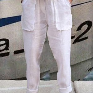 Women’s Pants Trousers Straight Faux Linen White Fashion Basic Daily Vacation Side Pockets High Cut Calf-Length Comfort Plain S M L XL 2XL