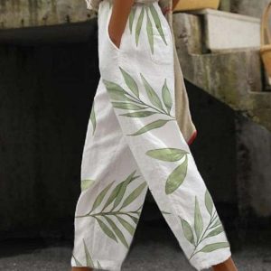 Women’s Pants Trousers Faux Linen Blue Green Light Blue Casual Holiday Weekend Side Pockets Full Length Comfort Leaf S M L XL XXL
