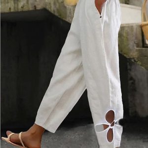 Women’s Pants Trousers Faux Linen White Yellow Blue Fashion Casual Weekend Side Pockets Full Length Comfort Plain S M L XL 2XL