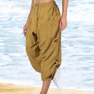 Women’s Pants Trousers Cotton Black Yellow Army Green Casual Holiday Weekend Pocket Calf-Length Comfort Plain S M L XL 2XL